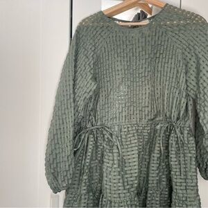 Green Textured Long Sleeve Dress